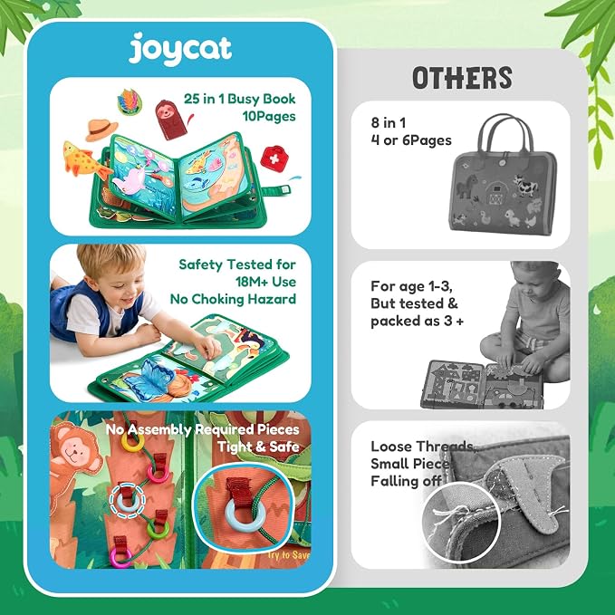 JoyCat Jungle Busy Board for Toddlers 2-4, 25 in 1 Busy Book | support fine motor practice, counting, matching, problem solving, pretend play, and screen-free fun at home or on the go