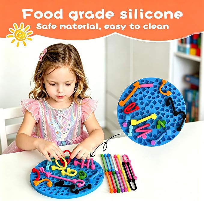 2PCS Sensory Activity Board, Sensory Board,Stress Relief Silicone Quiet Fidget Toy for Toddlers Kids Adults, ADHD Autism Sensory Toys | Includes Portable Travel Bag & 12 Strings（Blue+Orange）