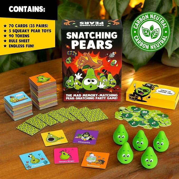SNATCHING PEARS – The Hilarious Memory-Matching, Pear-Snatching Card Game | An award-winning, adrenaline-filled board game the whole family will love. Stuffed with pear-puns & squishy pears! Ages 7+