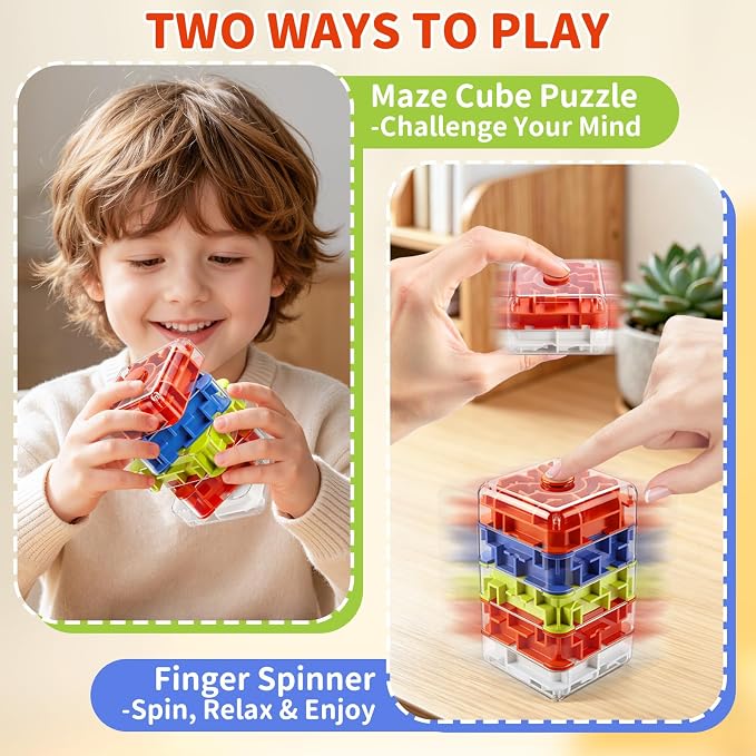 Infowush 2-in-1 Fidget Spinners Maze Cube - Fidget Toys for Kids & Adults | 3x5 Cube, Stress Relief Sensory 3D Brain Teaser Puzzle Cube, Board Game, Travel Toy, Birthday Gift for Boys Girls Ages 3 & Up
