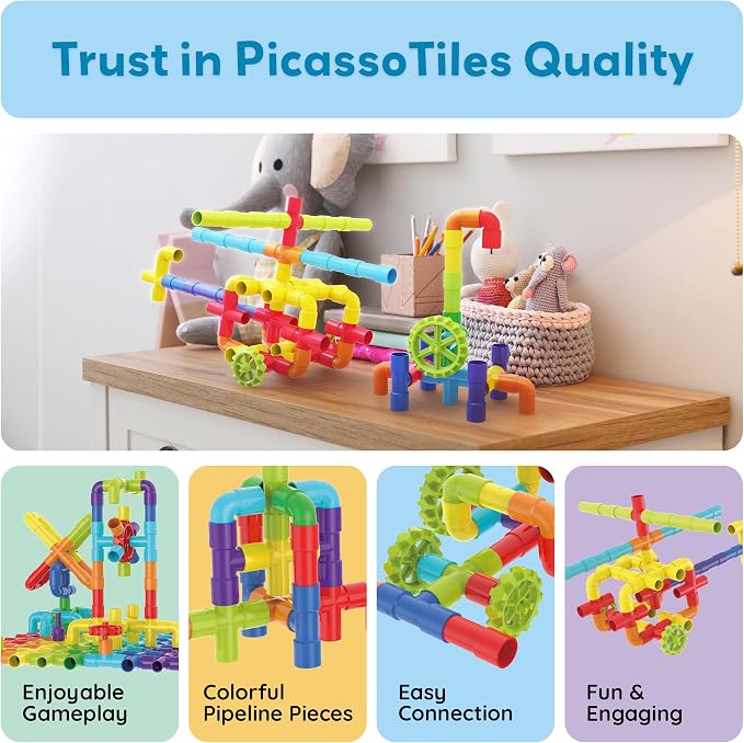 PicassoTiles 100PCS STEM Pipe Building Playset Interlocking Tube Construction Toy with Wheels and Clear Storage Box Educational Learning Toys for Preschool Montessori Kids Age 3+ Boys and Girls PTT139