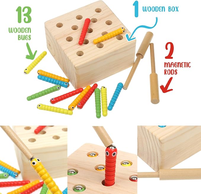 Boxiki kids Wooden Montessori Toys for Babies, Toddlers & Kids, Fine Motor Skills, Magnetic Worm Game for 3 Years Old