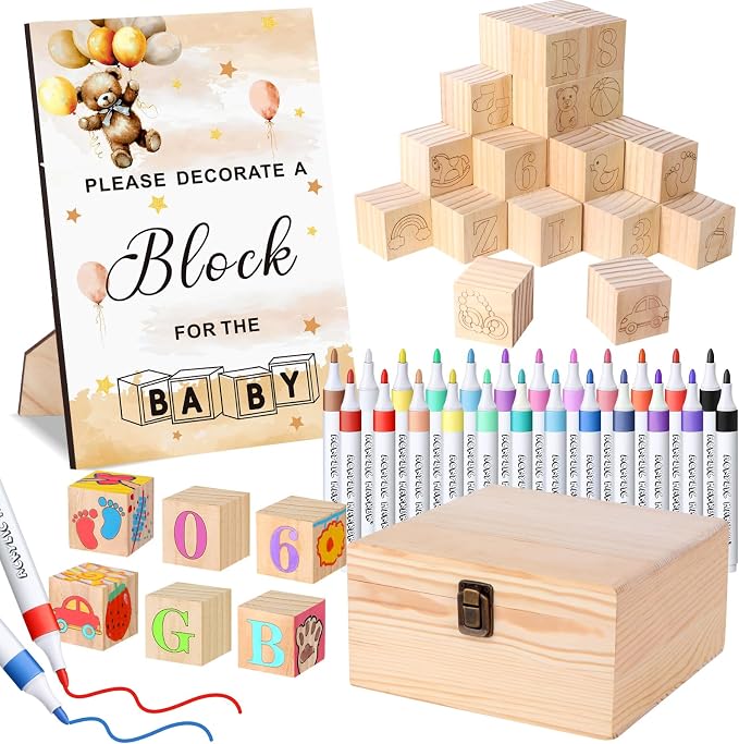 Baby Shower Blocks Game Set with Wooden Box, Acrylic Markers & Wooden Sign for Baby Shower Games, Gender Reveal & Decorations (BrownBear)