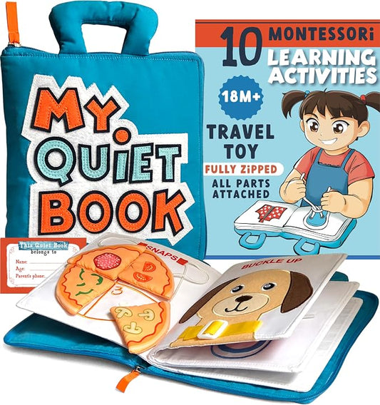 BAVY Quiet Book, Toddler Travel Activity Book, All Parts Attached, Ages 2-4 | Montessori board book, quiet book, car and plane, 10 activities, travel toy for toddlers 2 3 4, birthday gift idea