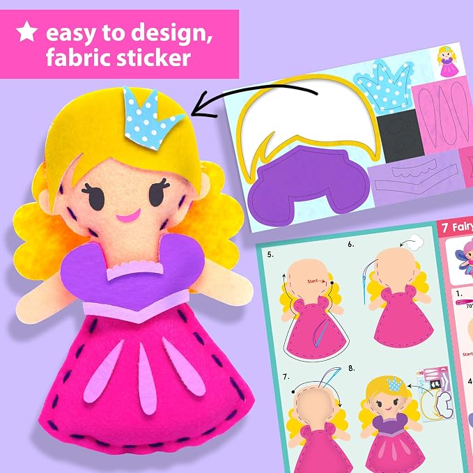 KRAFUN Fairy Tales Sewing Kit for Kids Ages 5-10 | 8 Projects | Sew 8 felt plush fairy tale toys with pre-punched holes. Beginner craft for girls. Educational gift ages 5-10