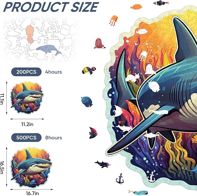 Qiuenisray Wooden Puzzles for Adults, Shark Ocean Jigsaw Puzzles 200 Pieces, Funny Wall Decor, Wood Puzzle, FSC Certified Unique Shape Adult Puzzles Pieces, Creative Gift for Family Game 11.1x11.2 in