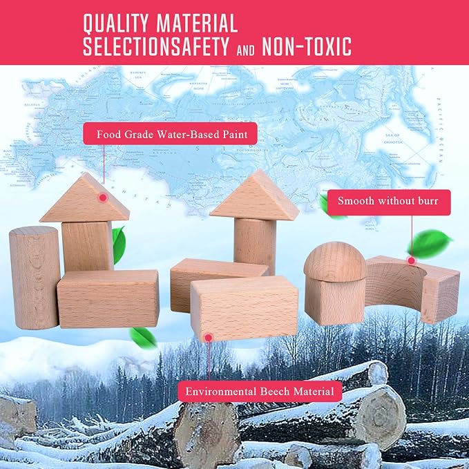 Migargle Kids Wooden Blocks - 80 Pcs - Stacking Building Blocks for Toddlers - Natural Beech Wood Blocks - Preschool Learning Toys for Kids Ages 3+