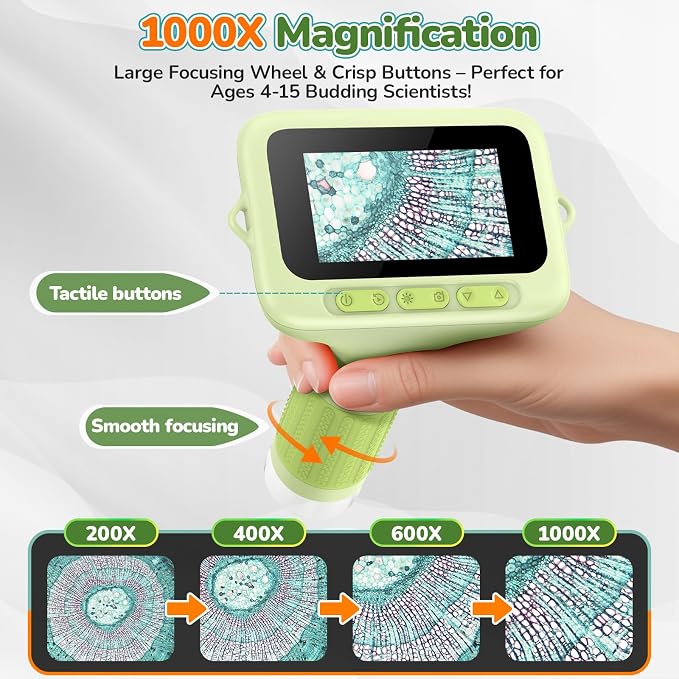 Kids Digital Microscope with 3-Inch Screen: STEM Toy Science Gift Ages 4-12 | 32GB Card, 1000X Zoom, Rechargeable, Photo/Video, Connect to PC, 8 LEDs, 6 Brightness Levels, One-Touch Capture