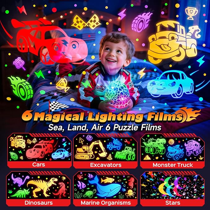 PIKOY Cars Toy Projector, 6 HD Films Kids Night Light, 15 Sounds Egg Light | 31 Colors, Remote Control, 360° Rotation, Car Toys for Toddlers 1-3 Boy Cars Toys for 3-5 Year Old Boy Birthday Gifts for 4-6