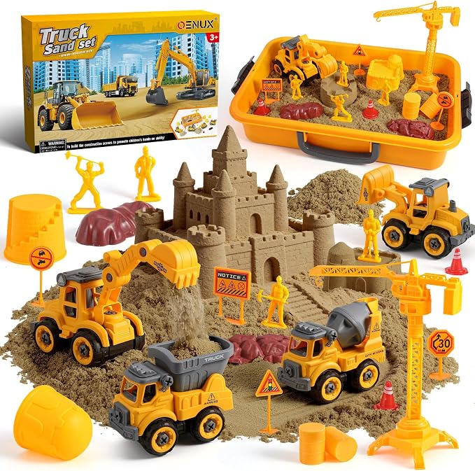 OENUX Construction Play Sand Kit with 4 Take Apart Trucks for Boys Age 3-8 | 2.2lbs Soft Play Sand, Sandbox with Lid, Sand Toys, Sensory Bin with 4 Sand Molds, Easy to Clean and Storage, Gift Idea
