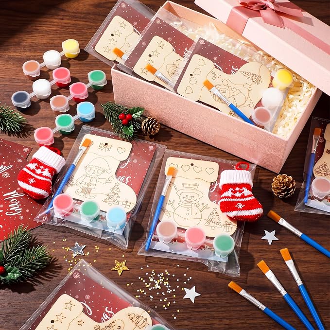 Saypacck 24 Pcs Christmas Stocking Party Favors Wooden Paint Craft Kits | Unicorn Mermaid Designs, Brushes Paints Organza Bags Included, Birthday Goodie Bag Fillers, Kids Girls Thank You Gifts