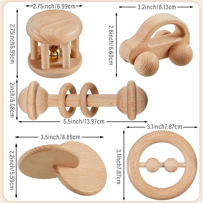 Zhanmai 5 Pcs Wooden Baby Toys Montessori Toys for 0-6-12 Months Sensory Baby Rattles with Bells Push Car Wooden Newborn Boys and Girls Gifts for Toddlers 1-3 Years Infant Grasping Sensory Development