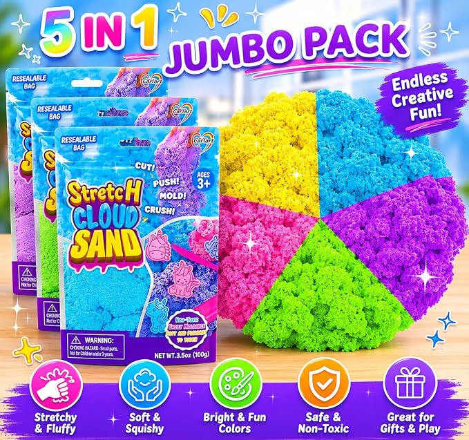 Carolart Stretchy Sensory Sand, Soft Cloud Sand, Play Sand Refill for Kids | Soft Clay Texture Moldable Sand toys for kids, Mess-free sensory play set with 5 colors, sensory bin filler for kids ages 3+