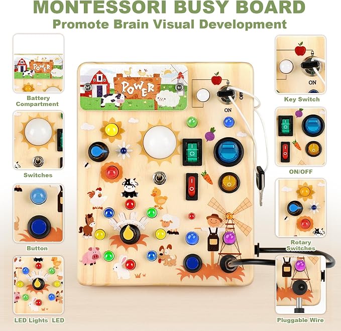 Busy Board for Toddlers 1-3 - Montessori Educational Sensory Toy for Kids | 10 Switches & 19 LED Lights Farm Sensory Toy, Develops Fine Motor Skills, Portable Travel Toy, Birthday Gift for Boys & Girls