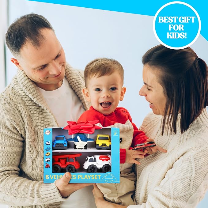 5 Pack Toddler Car Toys Playset - Toy Cars, Including Airplane, Fire Truck, Ambulance, Pick Up Truck and Jeep, Ideal Car Set Gift for Ages 3-5 (Colors May Vary)