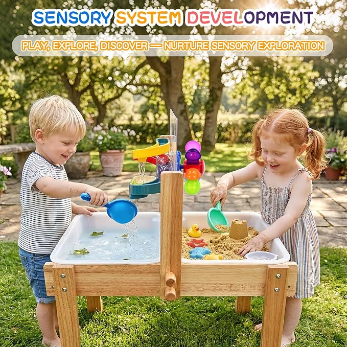 Sand and Water Table for Toddlers, Wooden Activity Sensory Table | Kid Outdoor Toys with Painting PS Board, 2 Collapsible Bins, Beach Accessories, 4 Washable Paint Crayons and Waterproof Cover
