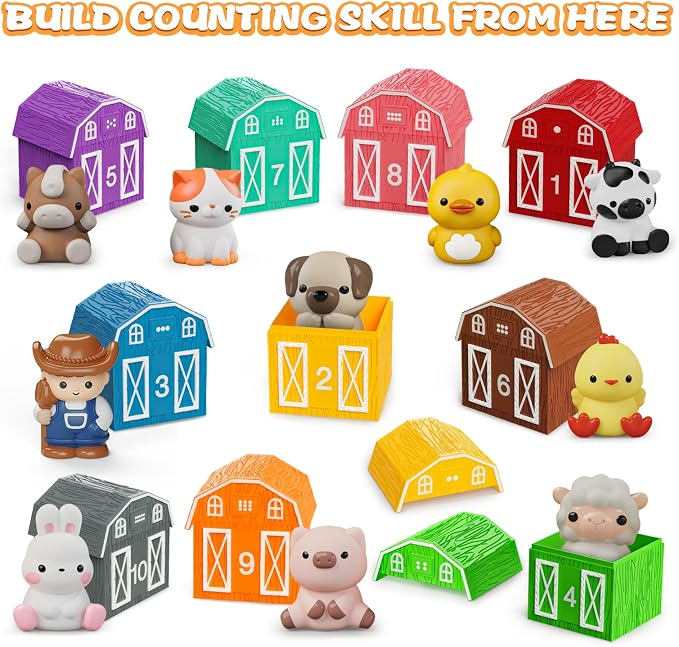 20 PCS Farm Animal Barn Playset & Finger Puppets,Farm Toys for Toddlers 1-3 | Learning Toy for Toddlers 1-3,Montessori Counting Matching & Color Sorting Toy Set,Easter Christmas Birthday Gift for Baby