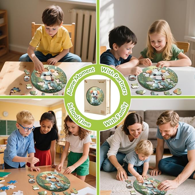 Animal Wooden Puzzles for Kids - Woodland Mouse | 50 Piece Puzzles for Kids Ages 4-6 - Kids Puzzle with Unique Piece Shapes - Round Puzzle for Boys and Girls (11.4 * 11.4 in)