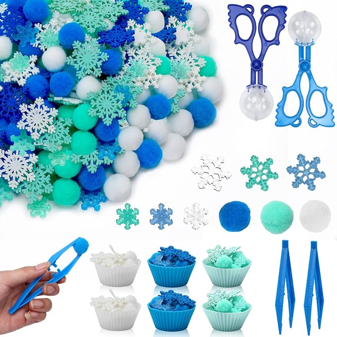 241 Pcs Winter Sensory Bin Fillers Blue Sensory Bin Items | Includes Felt Snowflake Plastic Snowflake,Sorting Cups Tweezers,Winter Activities