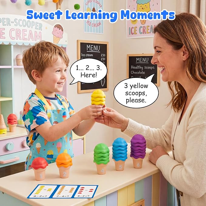 NEOROD Ice Cream Toys for Toddlers 1-5, Montessori Counting Manipulatives | 6 Cones & 42 Scoops Math Color Sorting Set, Fine Motor Stacking Game with Storage Container, Safe Rubber Sensory Play
