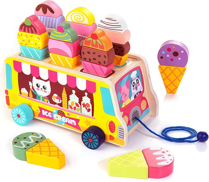 HELLOWOOD Wooden Ice Cream Truck, 28 pcs Magnetic Ice Cream Sweet Treats Pretend Play Food & Accessories, Montessori Sorting & Stacking Toys for Toddler Girls & Boys Age 2-5