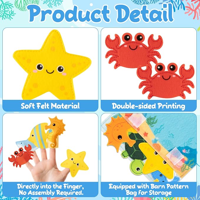 COcnny Sea Animal Finger Puppets - 11pcs Ocean Animal Felt Finger Puppet with Under The Sea Bag Set Making Crafts Kit for Kids, Make Your Own Story Telling Toys, Role Play for Boy Girl Toddle Age 3-8