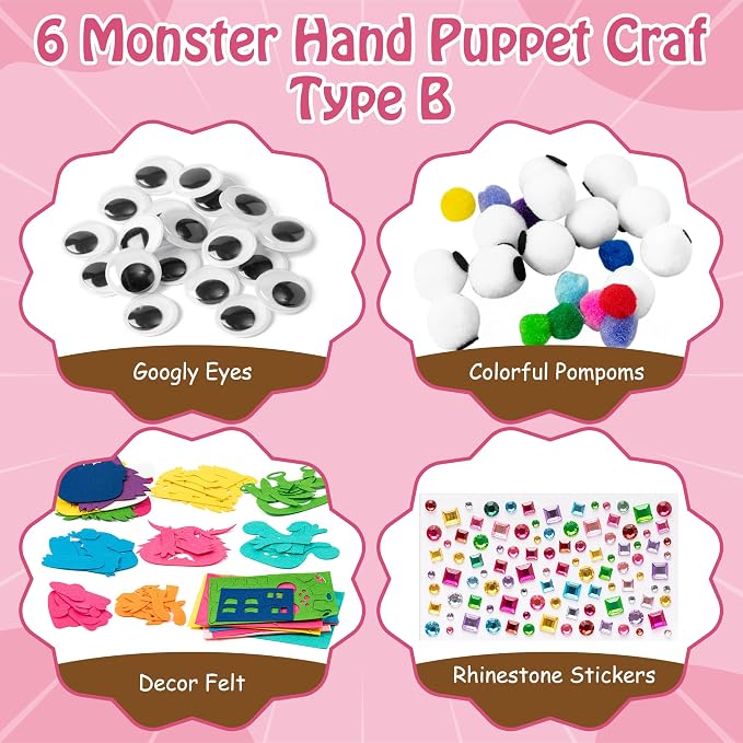 WATINC Hand Puppet Making Kit, Felt Sock Puppet Toys for Kids (Monster B) | 6 Styles, Make Your Own Storytelling & Role Play Crafts, Creative Group Activity, Party Favors & Gifts for Kids Ages 4-8