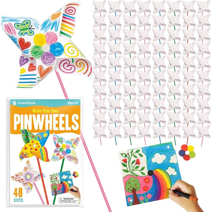KwestSync 48 Pack DIY Pinwheels for Kids - Bulk Spring Summer Crafts for Kids 3-5, 4-6, 4-8, Color Your Own Paper Windmill - Great Activity for Party, VBS, Patriotic Classroom Birthday