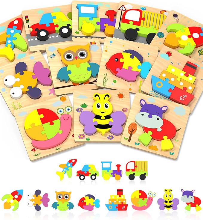 Wooden Toddler Puzzles Gifts Montessori Toys for 1 2 3 Years Old Boys Girls | 12 Vehicle Shape Puzzles, Boy Birthday Gift, Montessori Toys Educational Blocks for Toddlers 1-3, 2-4, Baby Learning Toys