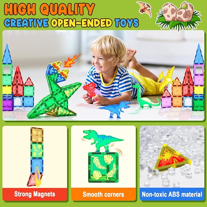 Dinosaur Toys Magnetic Tiles - Magnet Building Blocks for Toddler Kids 3+ | Dinosaur World Creative Games Set For Kids 3+, Great Kids Toys Gift For Boys & Girls, Ideal Set For STEM and Sensory Play