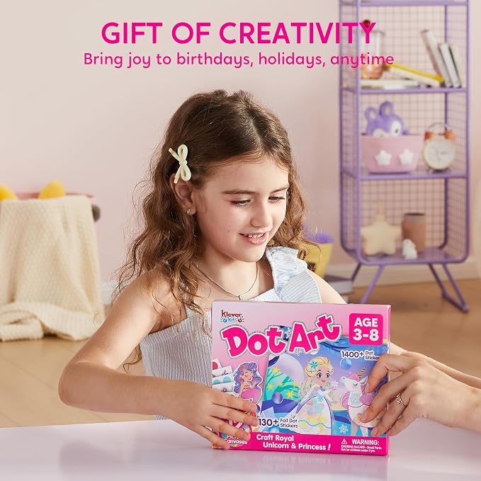 Klever Kits Princess Dot Art Kit for Kids, No Mess Sticker for Kids 3-7, Art and Craft Kits, DIY Creative Activity, Travel Toy, Birthday Presents for Boys Girls
