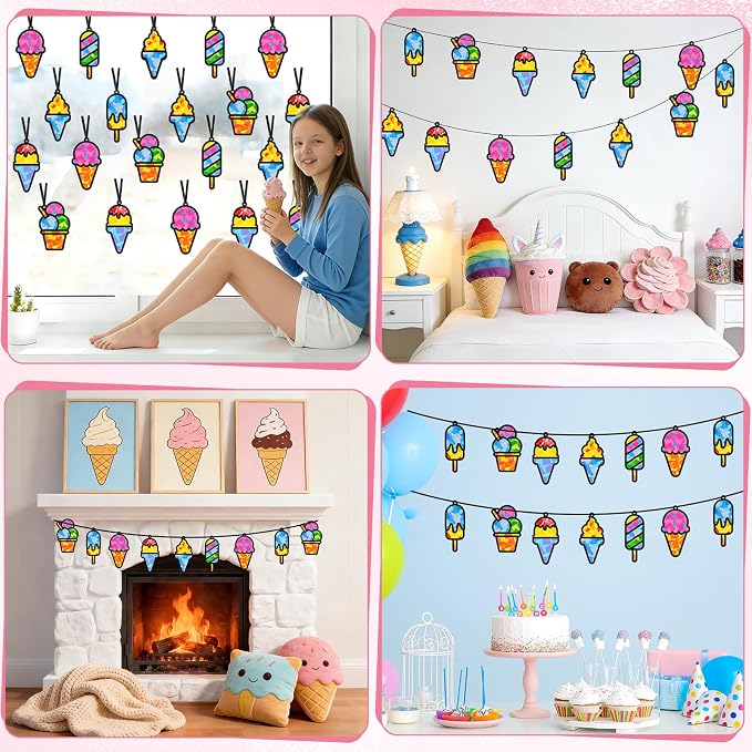 Qyeahkj 36 Set Ice Cream Suncatchers Crafts for DIY Dessert Window Tissue Paper Crafts Kit Summer Sweet Suncatcher Hanging Decor for Summer Home Activity Art Project Birthday Party Favor Gift