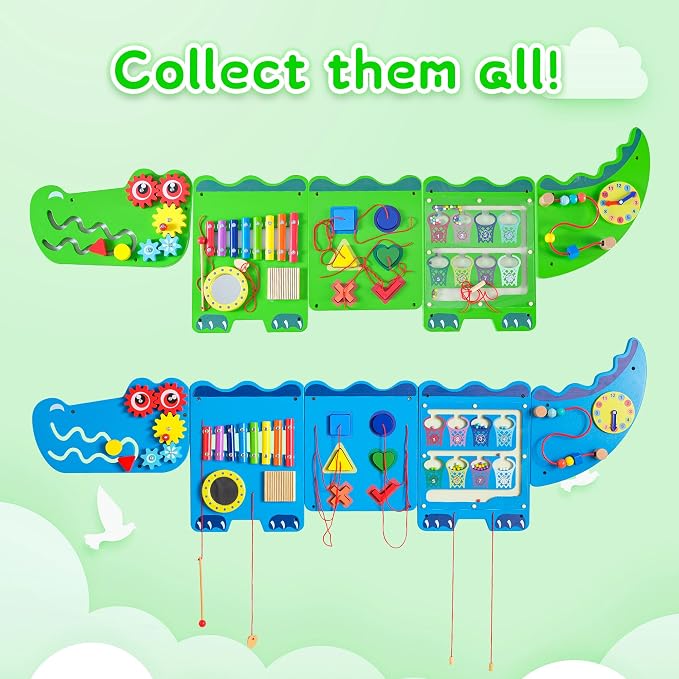 Crocodile Sensory Toys Activity Wall Panels, Educational Montessori Busy Board for Toddlers, Activity Cube - Sensory Wall, Wooden Learning Toys, Interactive Toy-Green