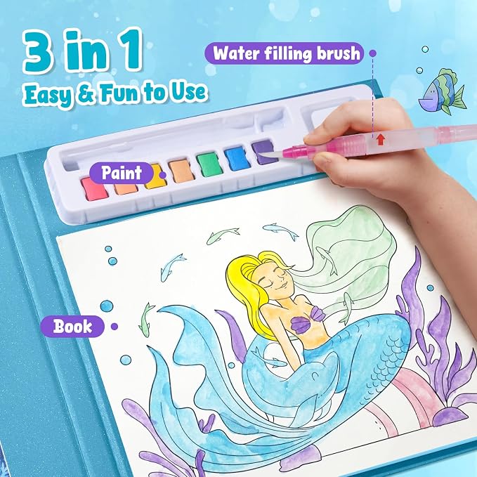 JoyCat Paint with Water Coloring Books for Toddlers (Ocean Princess) | Watercolor Painting Set for Kids Ages 3-5 & 4-8, Arts & Crafts Drawing Activity Travel Toy, Birthday Gifts for Boys & Girls