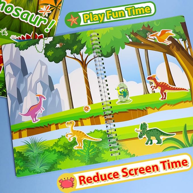 Reusable Sticker Book for Kids 1-3, Jelly Sticker Books for Toddlers 2-4 Years, Dinosaur Stickers for Kids, Toddler Easter Basket Stuffers＆Travel Essentials Plane Activities (Dinosaur)