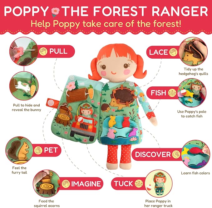 Poppy the Forest Ranger – 2-in-1 Soft Activity Doll & Busy Book | Screen-Free Travel Plush Toy with Tethered Pieces for Toddlers and Preschoolers ages 1–4 by Aleni Brands