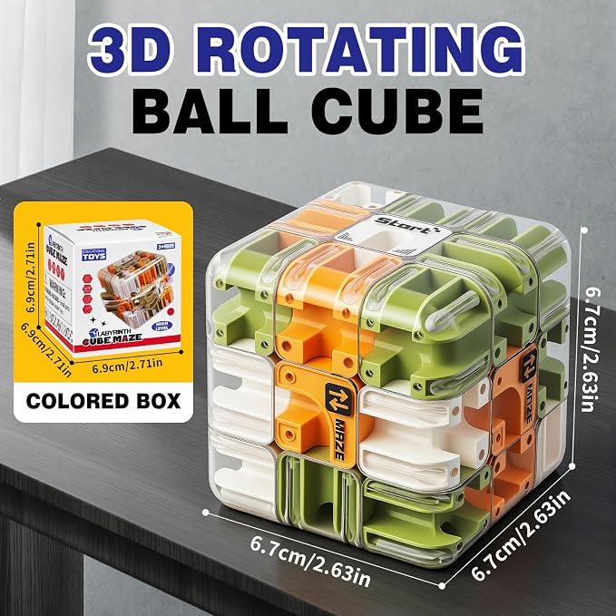 3D Maze Cube Ball Puzzle Brain Teaser for Adults & Kids, Educational Learning Toys Logical Thinking, Family Board Games Tabletop, Durable Puzzle Cube (Green&Brown&White, 2.7x2.7x2.7)