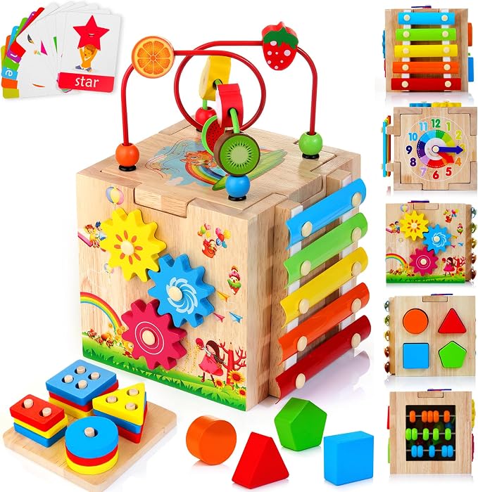 HELLOWOOD Wooden Activity Cube, 8-in-1 Montessori Baby Toys for 1+ Year Old | Educational Learning Toys for Toddlers, 1st Birthday Gift for Boys & Girls, Bonus Sorting & Stacking Board, Ready for Gifting