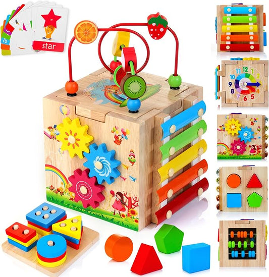 HELLOWOOD Wooden Activity Cube, 8-in-1 Montessori Baby Toys for 1+ Year Old | Educational Learning Toys for Toddlers, 1st Birthday Gift for Boys & Girls, Bonus Sorting & Stacking Board, Ready for Gifting