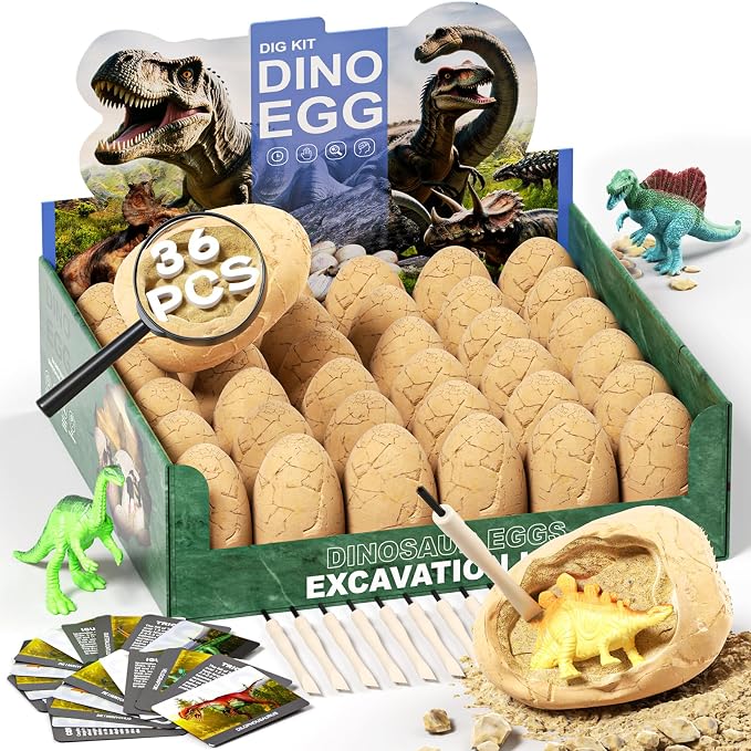 36-Pack Dinosaur Eggs Dig Kit Toys, Excavation Kit with Magnifier | Easter Basket Stuffers for Kids, Science STEM Birthday Party Favors, Gifts for Boys Girls Age 3 4 5 6 7 8 9 10 + Years Old