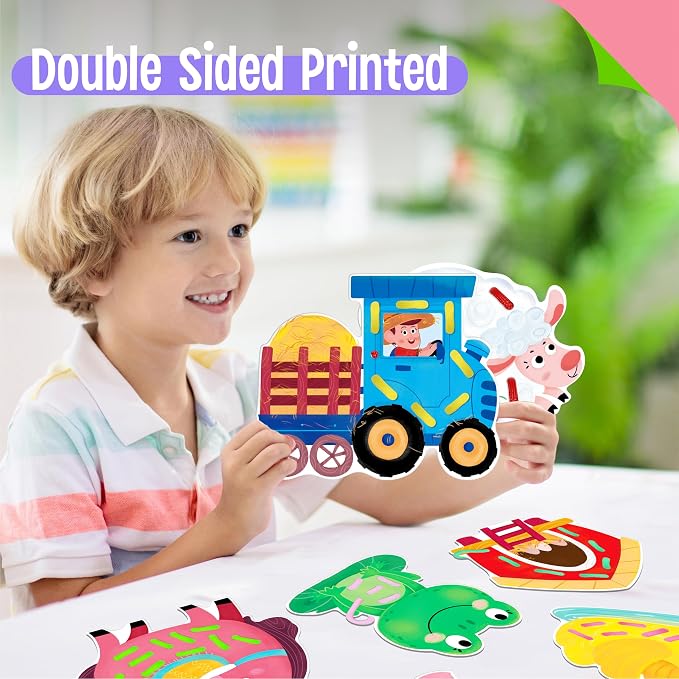 SpriteGru 9 PCS Farm Theme Lacing Cards, 9 Double Sided Sewing Cards with 9 Colorful Laces, Imagination Development Lacing Toys Educational and Learning Activity for Preschoolers, Kids