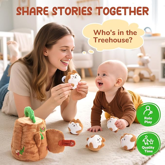 JoyCat Baby Toys 6-12 Months, Soft Treehouse 5 Sensory Squirrels, Rattle | Soft treehouse with 5 sensory squirrels offers rattle, crinkle, squeak and mirror play for baby exploration and learning.