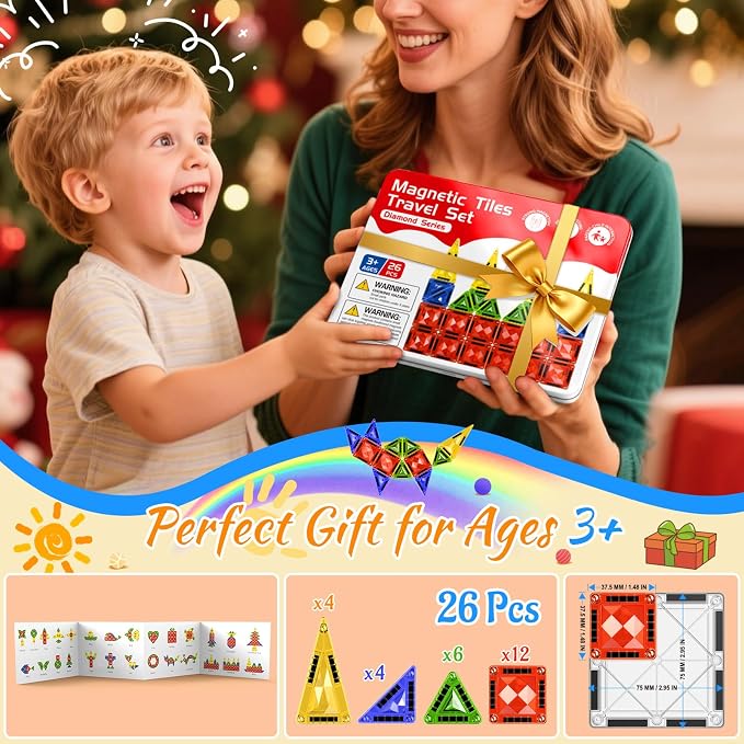 Mini Magnetic Tiles for Kids Ages 3-8, Travel Magnetic Building Blocks with Metal Storage Box, STEM Educational Toys, Montessori Sensory Learning Toys for Toddlers, Gift for Boys & Girls