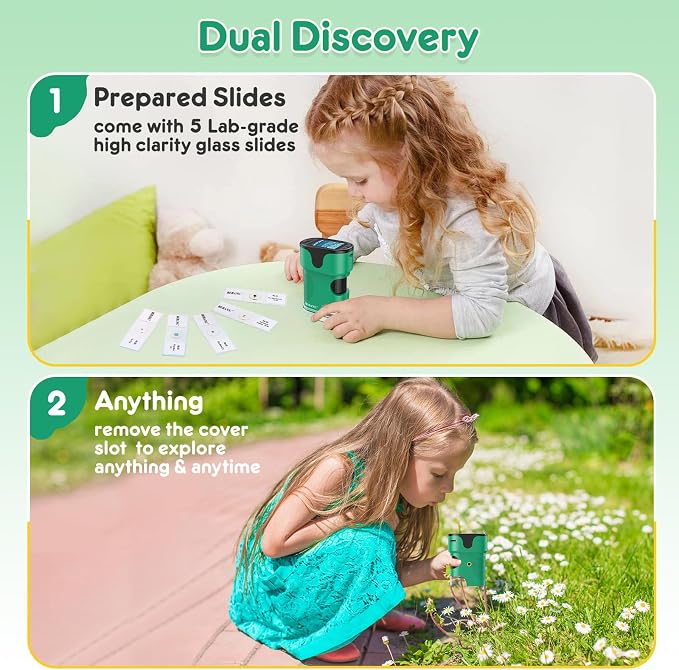 Kids Digital Microscope Science Gift: Complete STEM Toy Kit for Ages 4-12 | 32GB Card for Photos & Video / Custom EVA Case / Real Glass Slides / Upgraded 3mm Slide Slot / 2.5H Rechargeable Use