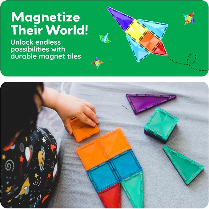 PicassoTiles 100 Piece Mini Magnetic Tiles, Travel STEM Toy for Kids 3+ | Diamond-shaped design, translucent pieces, compact carrying case, Montessori-inspired play, screen-free creativity