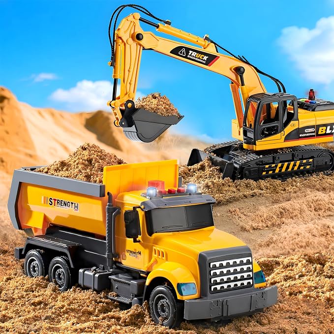 LerBao 2 Pack Construction Engineering Truck Toys,Moveable Claw Excavator & Lifting Back Dump Truck Toy for 3 4 5 6 7 8 Years Old Boys Kids Childs Toddlers Christmas Birthday Gift