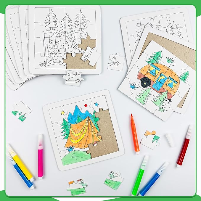 Cinrobiye 24 Pcs Camping Coloring Jigsaw Craft Kit for Kids, DIY Outdoor Adventure Activity Set Bulk with 12 Designs, Happy Camper Party Favors, Classroom Art Projects