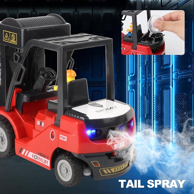 1:24 RC Forklift with Trailer, 2 in 1 Transform Lift Fork & Hook, Kids Forklift Toy with Light & Sound & Spray, 11 Channel Remote Control Forklift, Construction Toy Gift for Kids 6+ (Red)