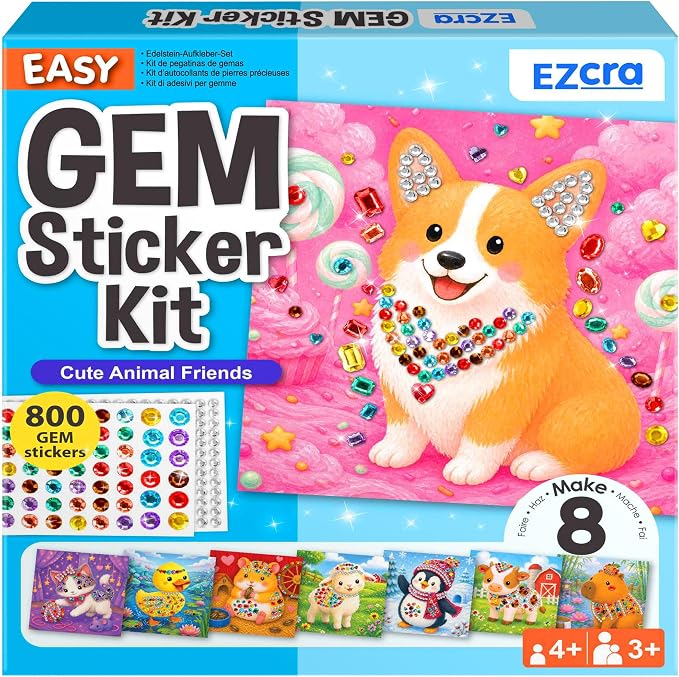 EZCRA Gem Sticker Kit for Kids - 800 Stickers, 8 Cute Animal Theme | Diamond Art Stickers and Gem Craft Set. Mess-Free and DIY Arts and Crafts. Birthday and Holiday Gift for Girls Ages 3-8.