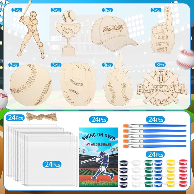 Saypacck 24 Pcs Baseball Party Favors Wooden Paint Craft Kits | Baseball Themed Craft Kit for Kids Birthday Party, Goodie Bags Fillers, Thank You Gifts, Paints Brushes Included